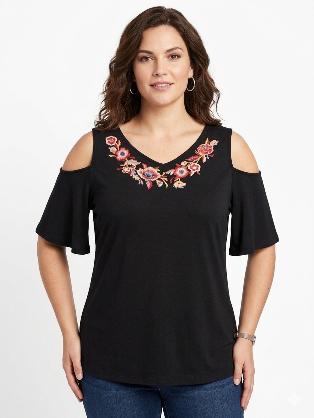 Belle by Kim Gravel Black Cold-Shoulder Top with Pink & Orange Floral Embroidery